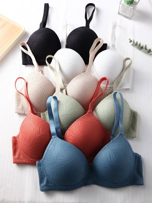 6pcs Solid Jacquard Underwire Adjustable Bra, Sexy Comfy Push Up Breathable Bra, Women's Lingerie & Underwear