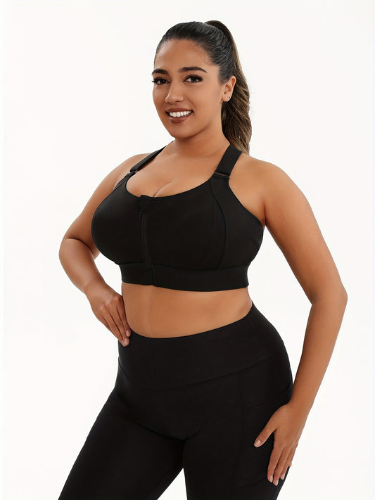 Plus Size Front Zip Sports Bra, High Elasticity Solid Color Fitness Bra, Yoga Athletic Underwear, Padded Yoga Bra, Stylish Racerback Sports Bra With Adjustable Straps