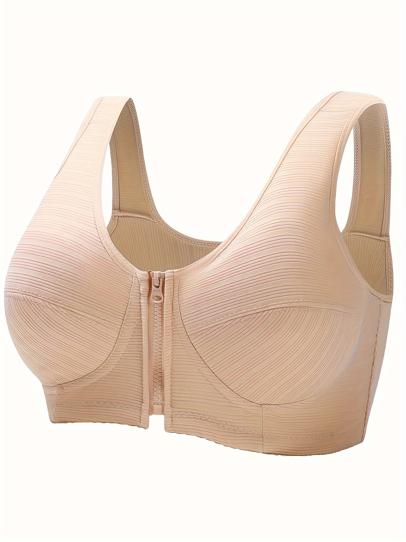 Simple Solid Striped Bra, Comfy & Breathable Zipper Front Wireless Bra, Women's Lingerie & Underwear