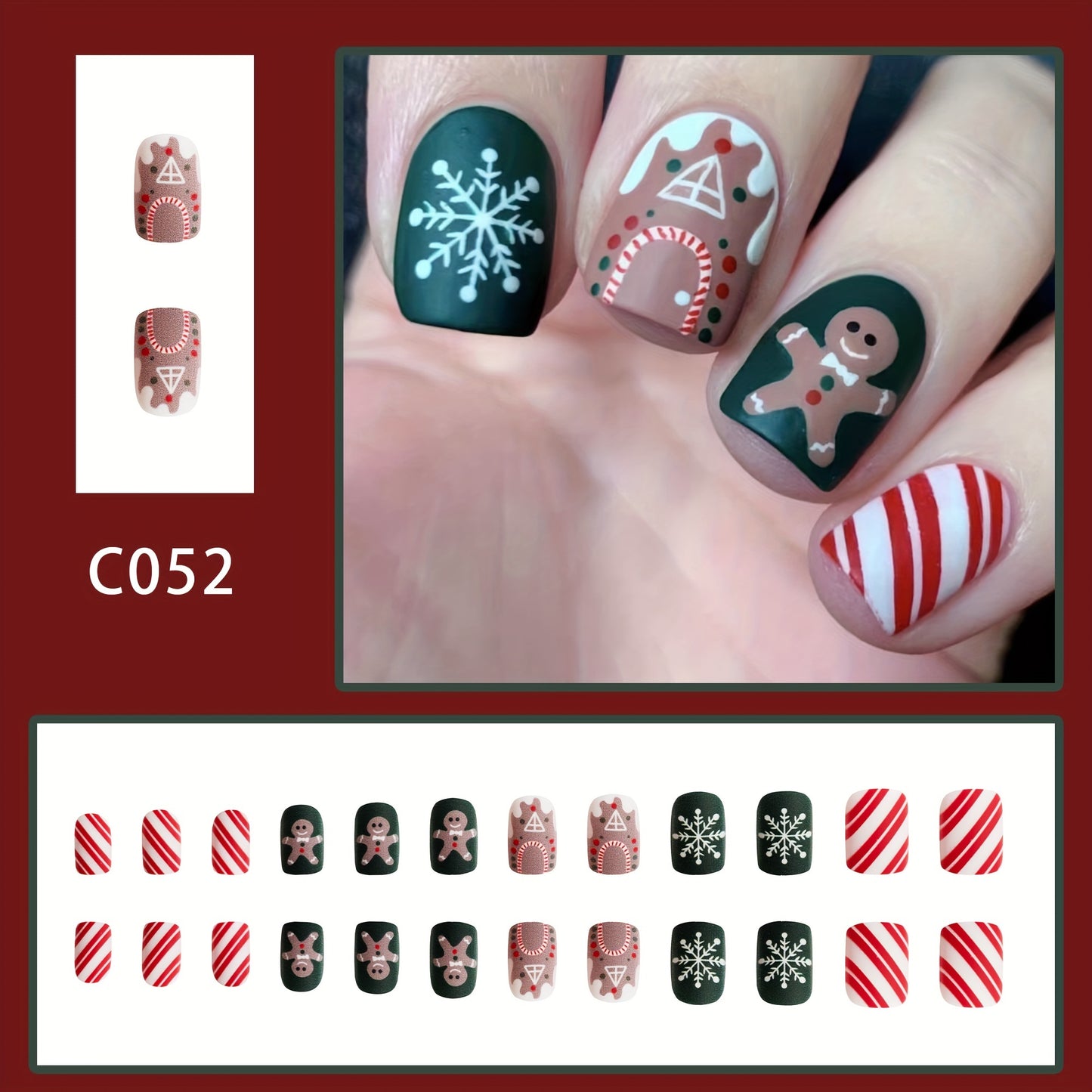 24pcs Luxurious Matte Short Square Press On Nails - Easy-to-Apply, Christmas-Themed with Gingerbread and Snowflake Designs - Vibrant Red and Green Colors, Perfect for Women and Girls, X-mas Nails