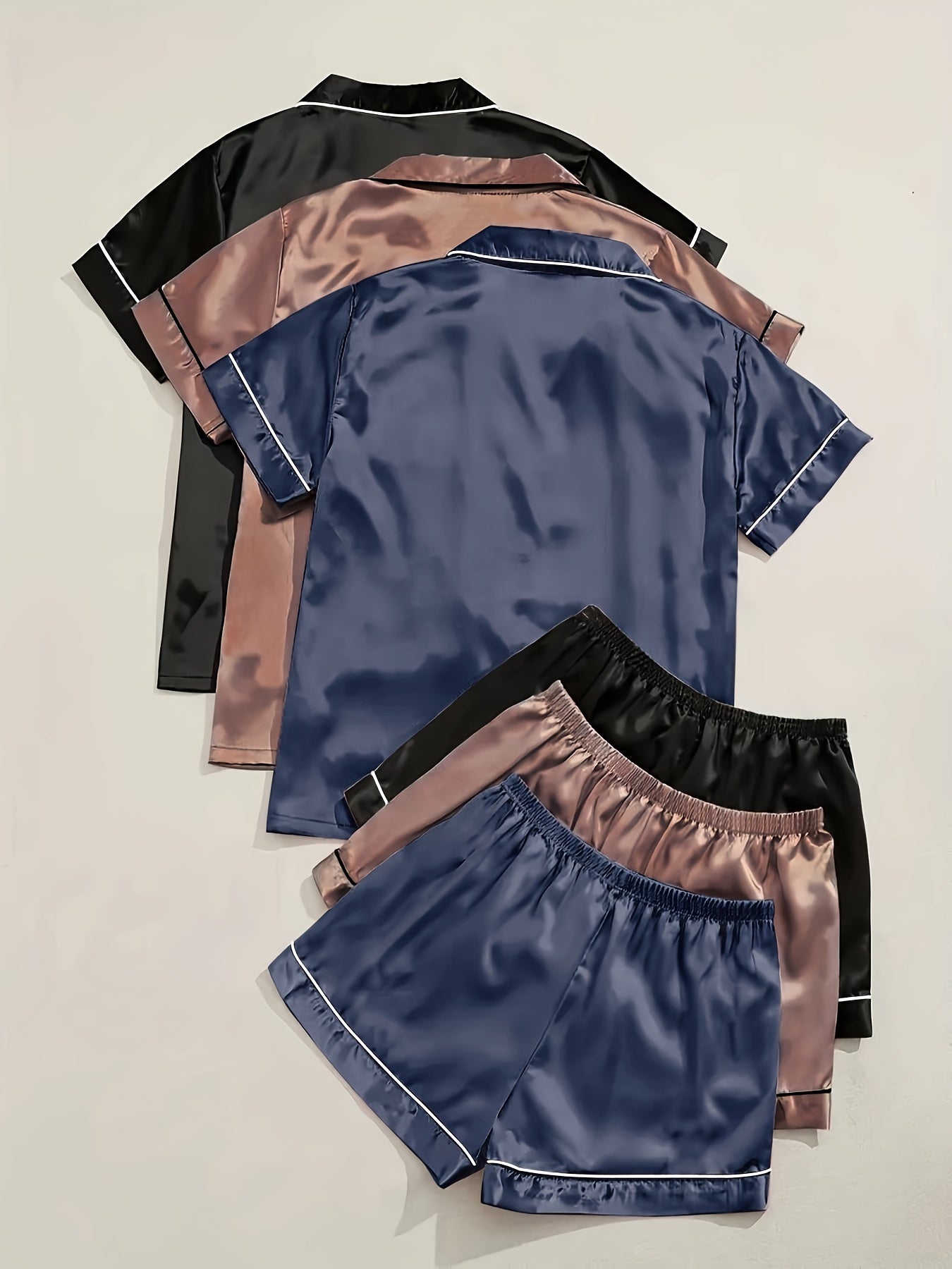 3 Sets Solid Satin Pajama Set, Casual Short Sleeve Buttons Lapel Top & Elastic Shorts, Women's Sleepwear