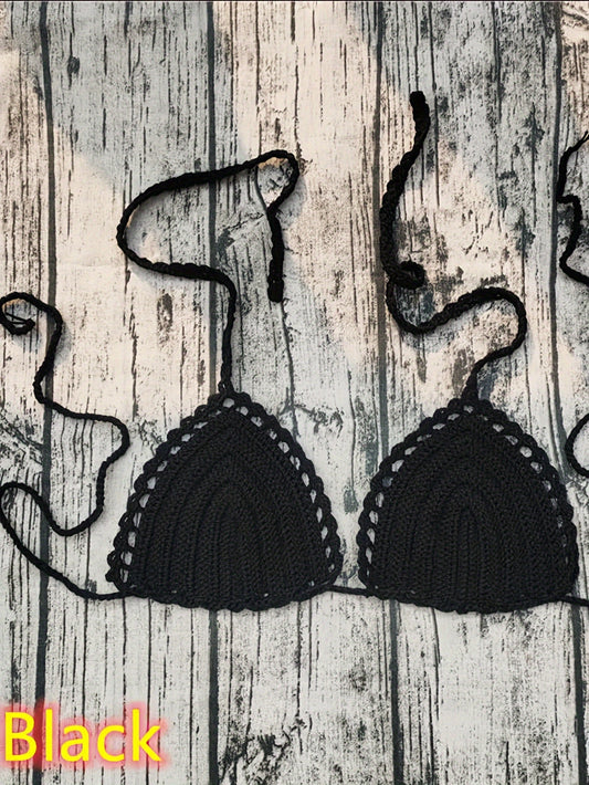 2pcs Women's Solid Color Crochet Bikini Top - V Neck Halter Tie Back Swimwear