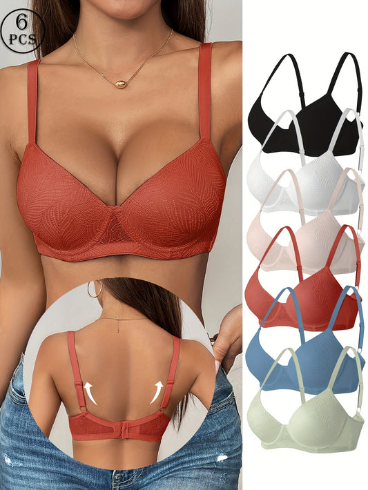 6pcs Solid Jacquard Underwire Adjustable Push Up Bra - Everyday Bras for Women, Comfy Breathable Lingerie with Sexy Design, Soft Cups and Adjustable Straps for Perfect Fit