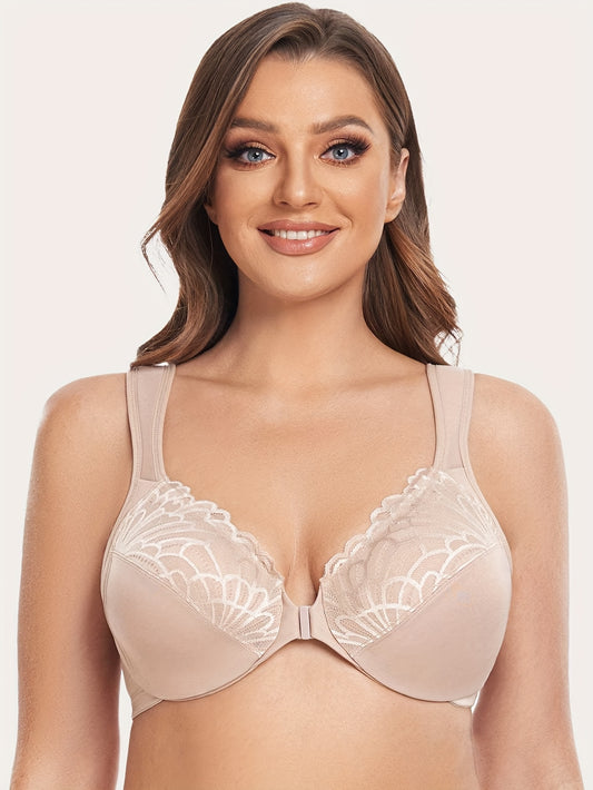 Women's Plus Size Front Closure Underwire Full Coverage Everyday Bra with Elegant Contrast Lace
