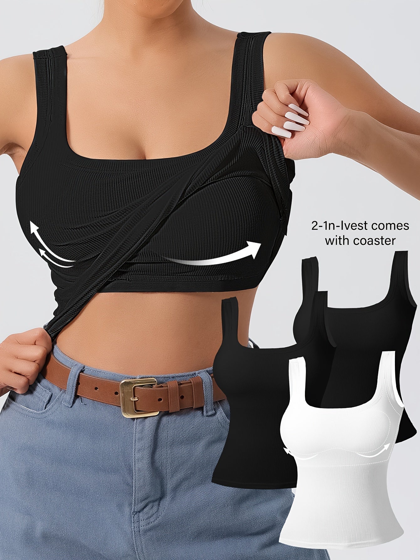 3Pcs U-Back Tank Tops Vest Set - Comfortable Removable Pads, Slim Fit, Solid Color, Versatile Inner & Outerwear for Women, Casual Camisole Style with Multi-Occasion Wear Options