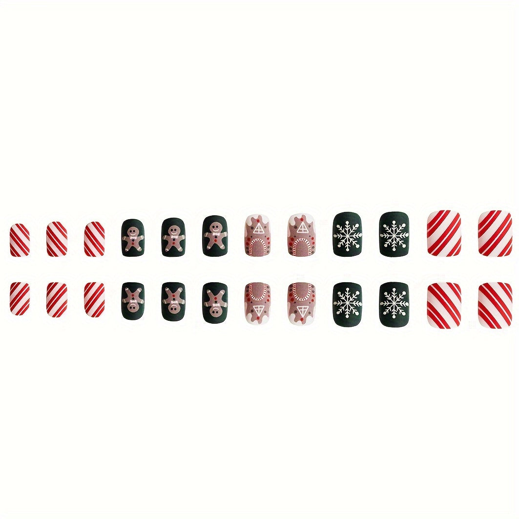 24pcs Luxurious Matte Short Square Press On Nails - Easy-to-Apply, Christmas-Themed with Gingerbread and Snowflake Designs - Vibrant Red and Green Colors, Perfect for Women and Girls, X-mas Nails