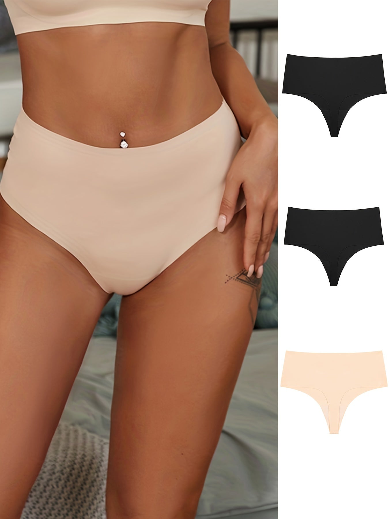 3pcs Seamless Solid Thongs, Soft & Comfy Stretchy Intimates Panties, Women's Lingerie & Underwear