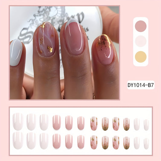 24Pcs/set Glossy Medium Oval Press On Nails Pinkish False Nails French Style False Nails Golden Glitter Reusable Fake Nails For Women