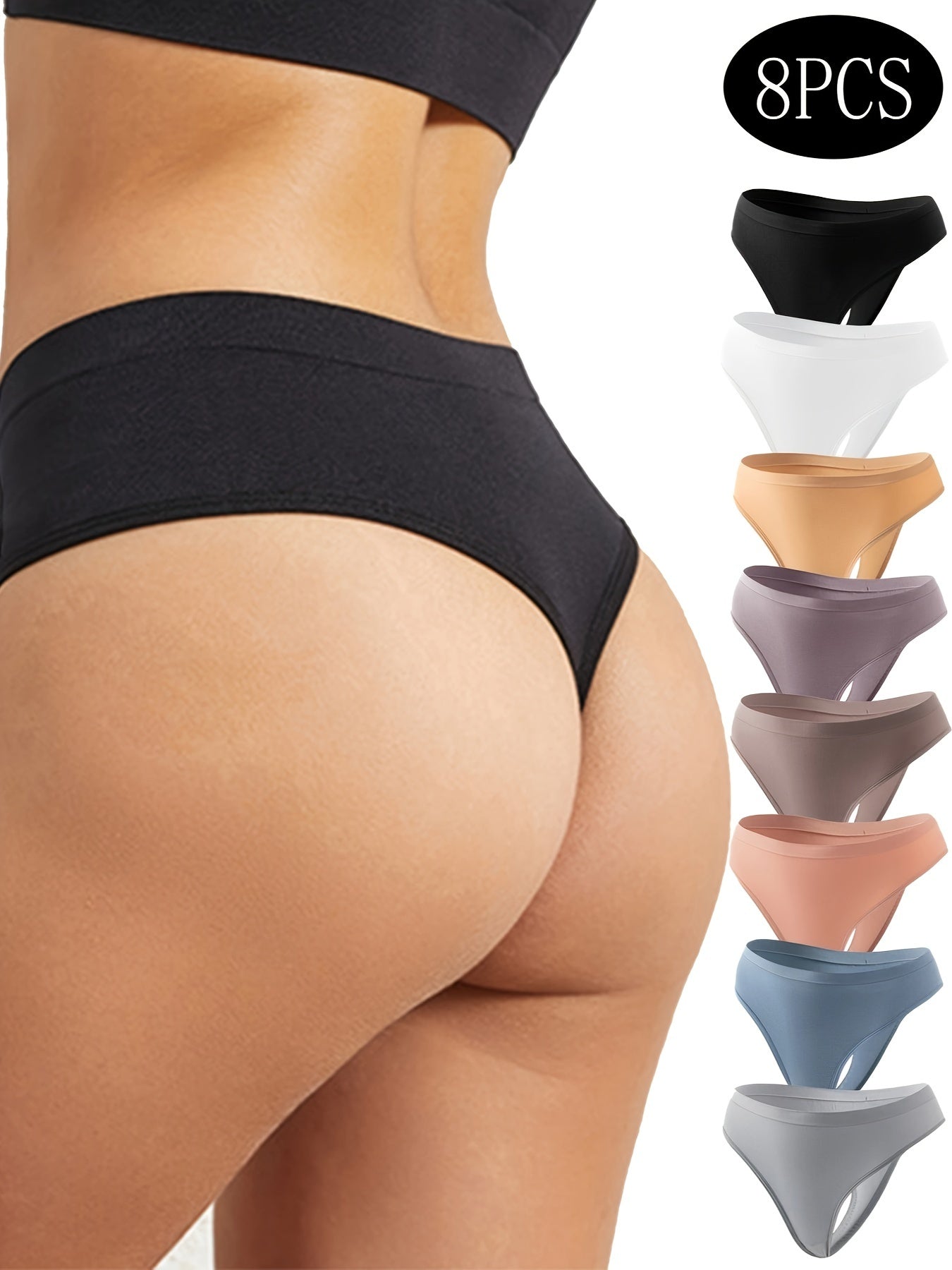 8pcs Women's Sexy Panties Set, Plus Size Seamless Solid Mid Waist Breathable Thongs