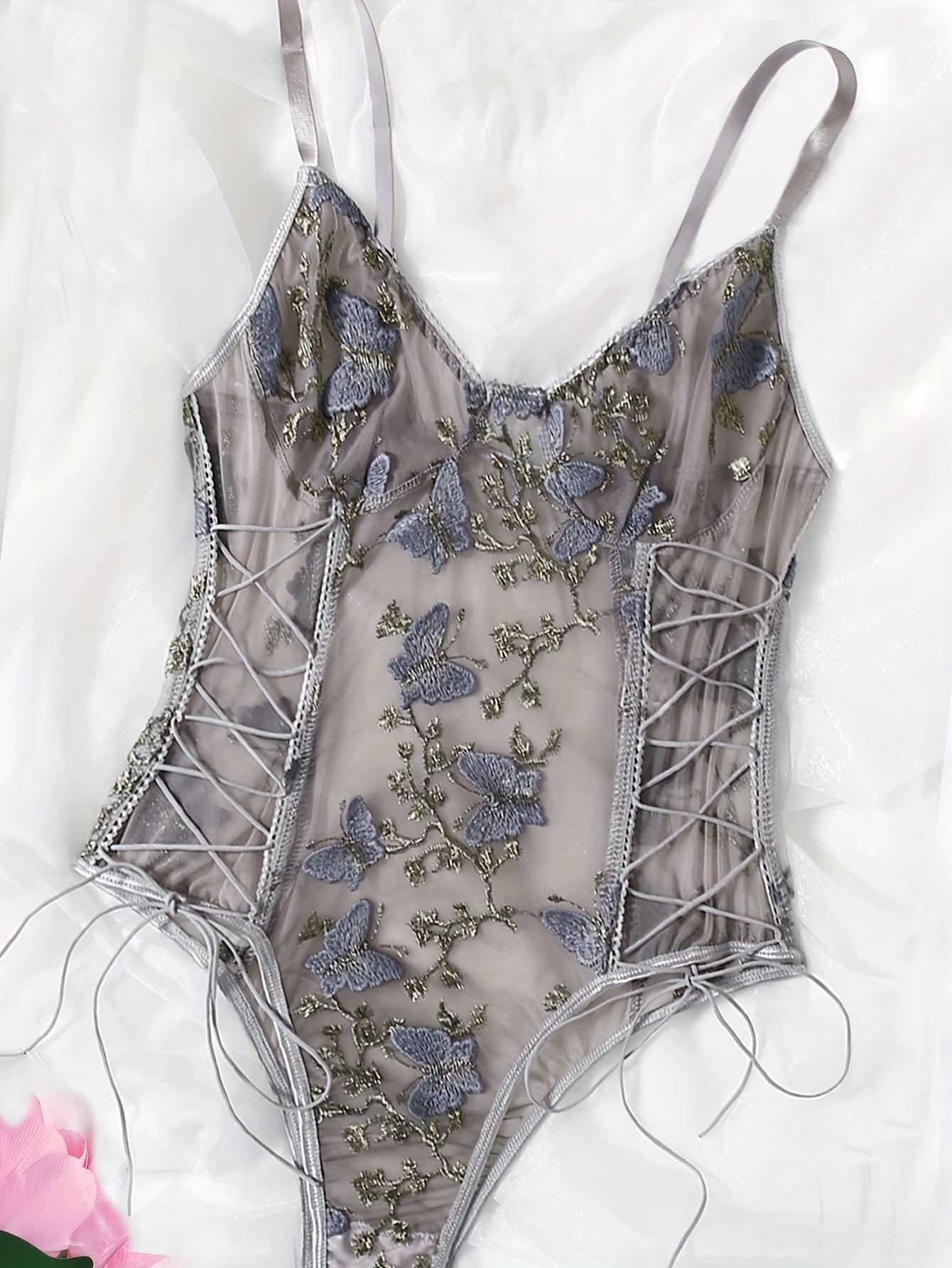 Intimate butterfly embroidered strappy teddy bodysuit - Alluring deep V backless, sheer mesh, feminine lingerie for captivating charm - Womens sexy underwear