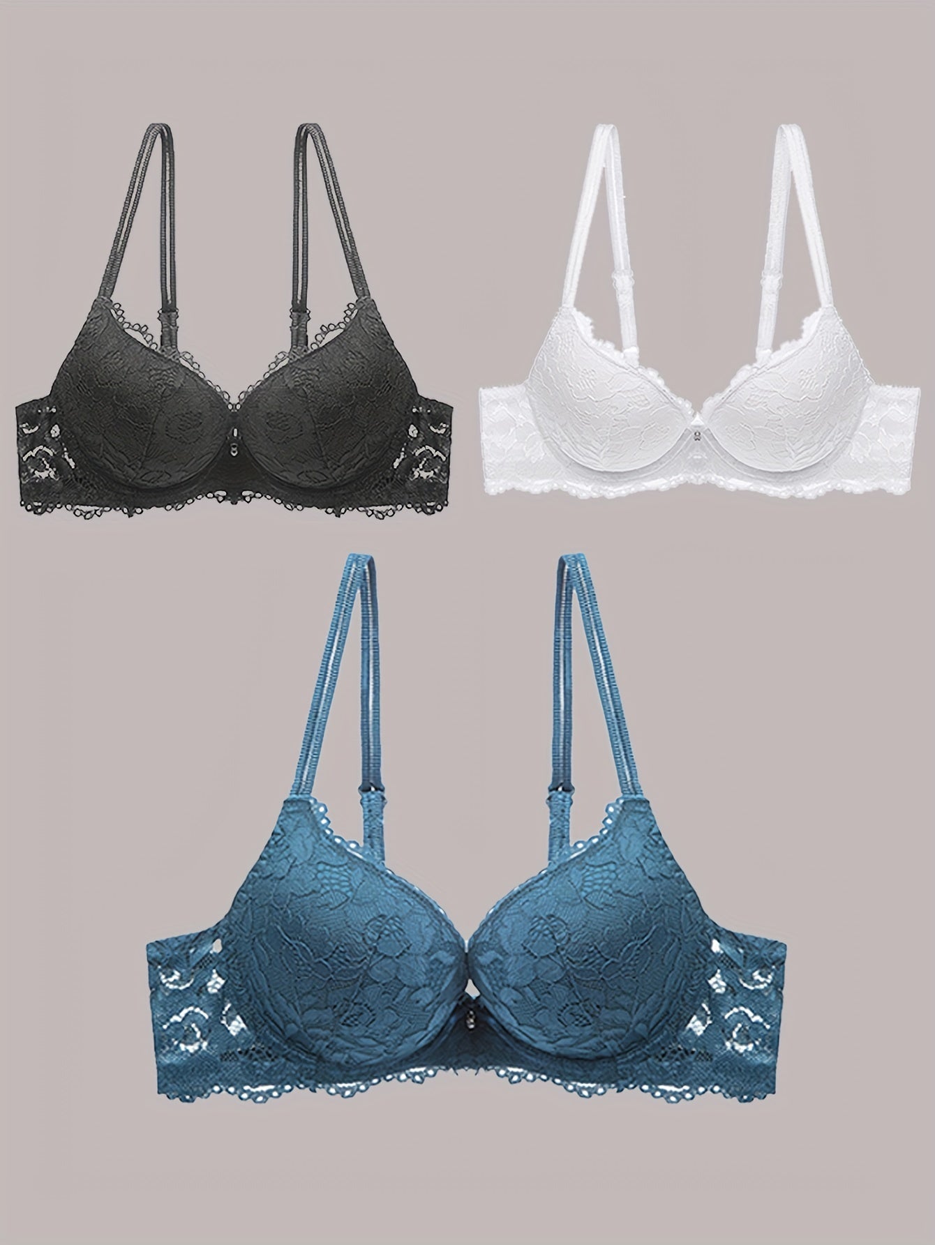 3pcs Comfy Chic Lace Push Up Bras - Everyday Bras with Breathable Fabric, Soft Padded Cups, and Adjustable Straps for Ultimate Comfort and Support - Women's Lingerie and Underwear Essentials