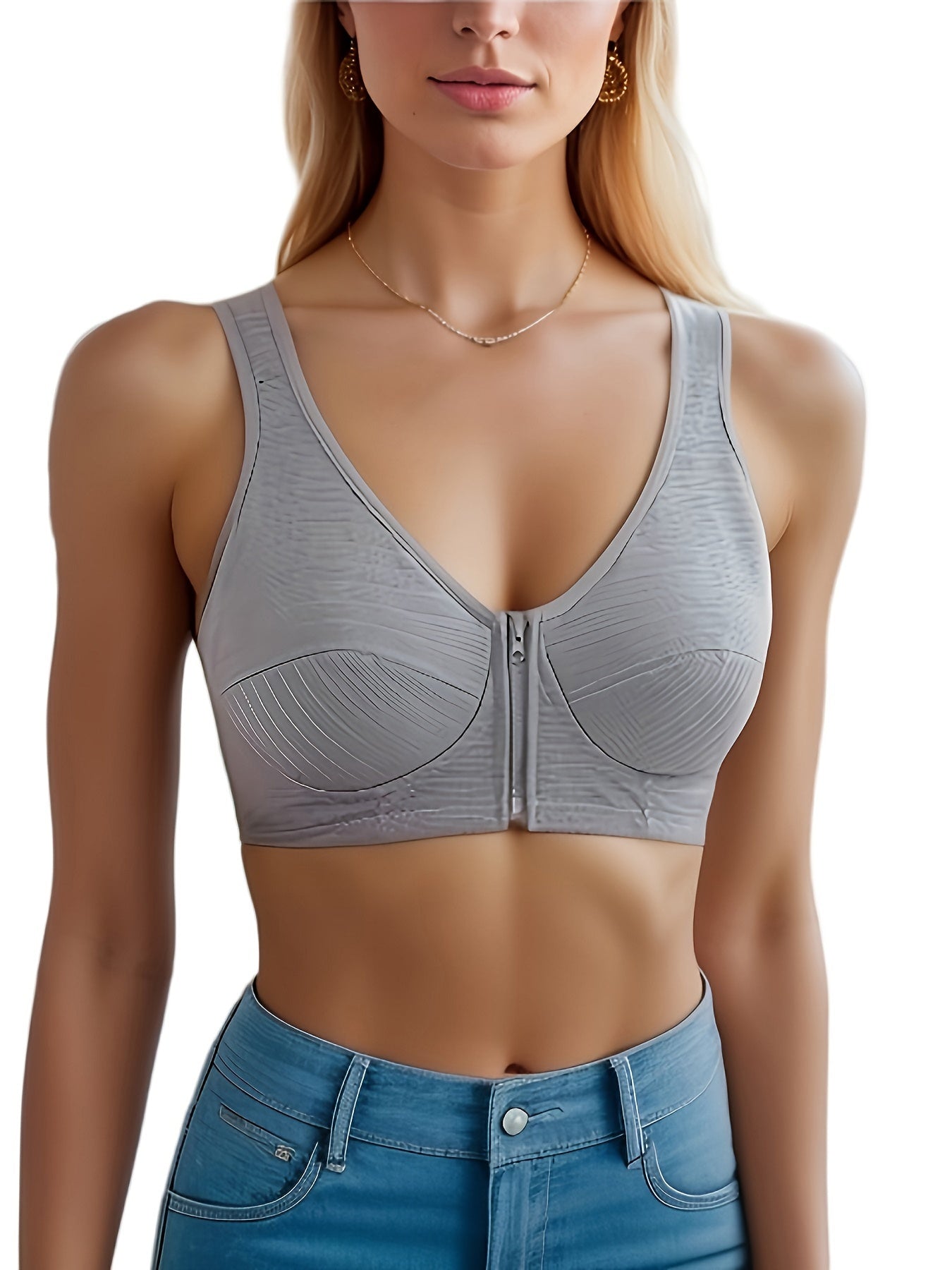 Simple Solid Striped Bra, Comfy & Breathable Zipper Front Wireless Bra, Women's Lingerie & Underwear