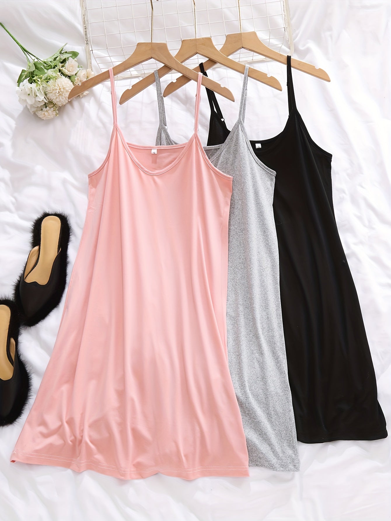 3pcs Simple Solid Nightdress, Crew Neck Spaghetti Strap Sleep Dress, Women's Sleepwear & Dresses