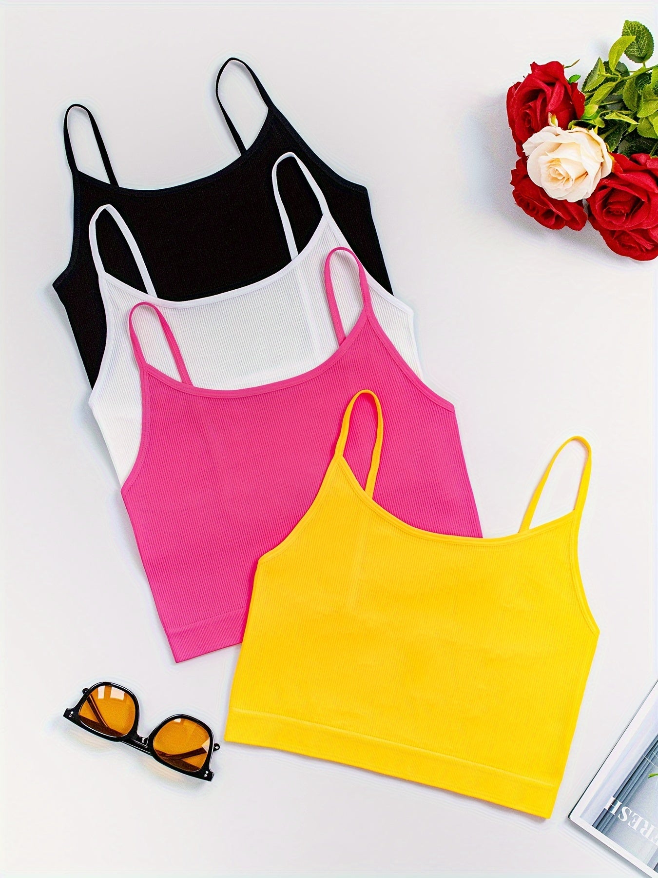 4-Pack Women's Polyamide Camisoles - Boho Style Knit Fabric Tank Tops with Strapless Design, Solid Color, Elastic No Padding Tanks for Ladies (90% Polyamide, 10% Elastane) - Elegant Collection