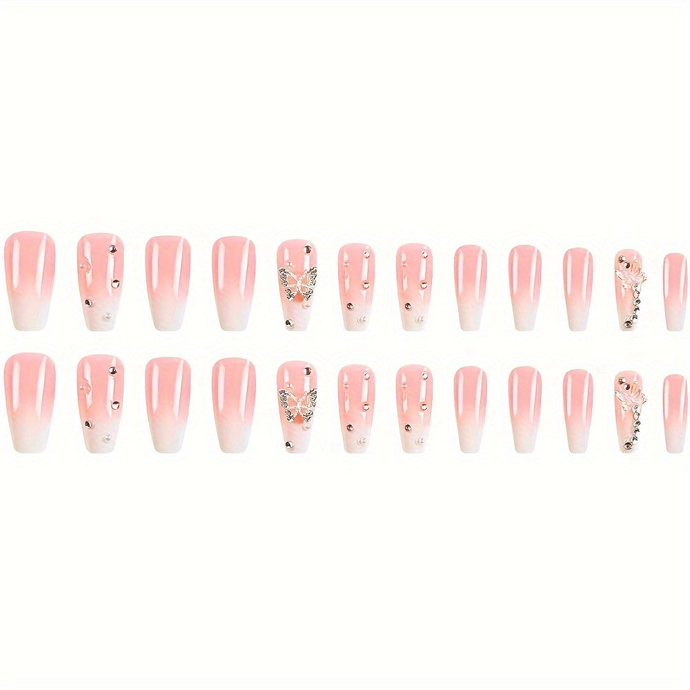 24 Pcs Glossy Medium Long Coffin Press On Nails - Pinkish Gradient False Nails With Butterfly Rhinestone Decor - Reusable Fake Nails For Women