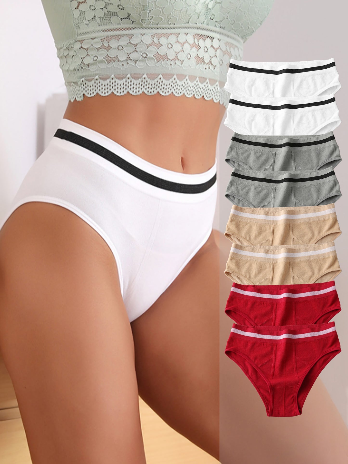 8pcs Stripe Print Simple Briefs, Comfy Breathable Stretchy Intimates Panties, Women's Lingerie & Underwear