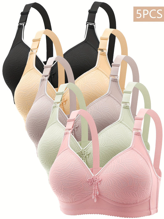 5-Pack Wireless Bras with Adjustable Straps and Lace Trim, Comfort Print No Underwire Bra Set for Women, Assorted Colors