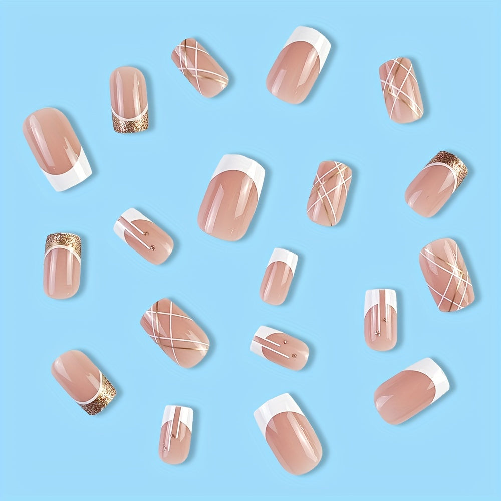 24pcs White French Tip Press On Nails, Square Fake Nails With White And Golden Line Design, Glossy Full Cover Golden Glitter False Nails Women And Girls