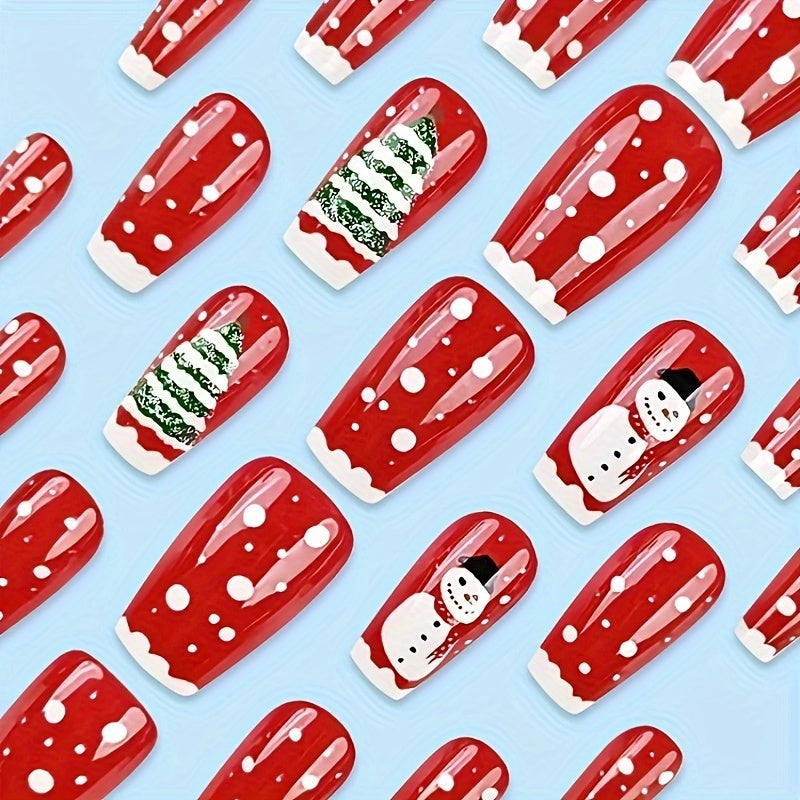 24-Pcs Ballet-Shape Short Press-On Nails - Glossy Red with White Polka Dots, Holiday-Themed Snowman & Christmas Tree Design - Reusable Artificial Fake Nails Set for Women