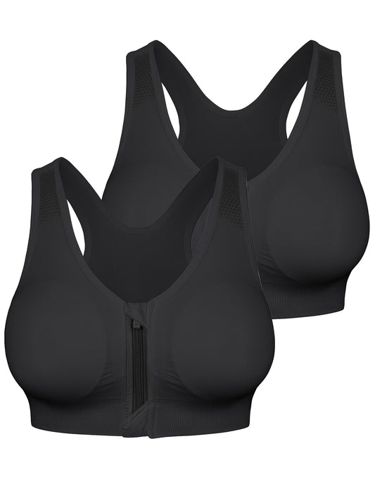 2pc AAGROSTE Women's Zip Front Closure Sports Bra - Seamless Wirefree Post Surgery Zipper Padded Racerback Workout Gym Yoga Bras