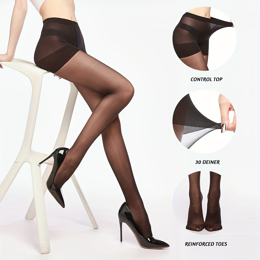 4 Pairs High Waisted Control Top Pantyhose With Reinforced Toe, 15 Denier, Comfortable Non-binding Waistband - Multiple Sizes