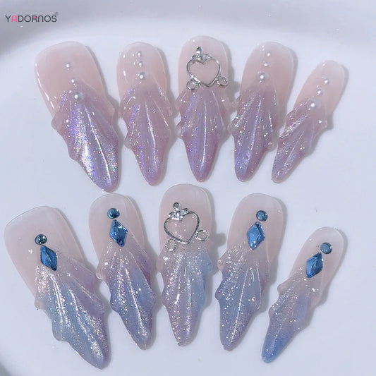 10pcs Glitter Cat's Eye False Nail Handmade Mermaid Press On Nails Wearable Long Almond Blue Purple French Style Fake Nail Tips