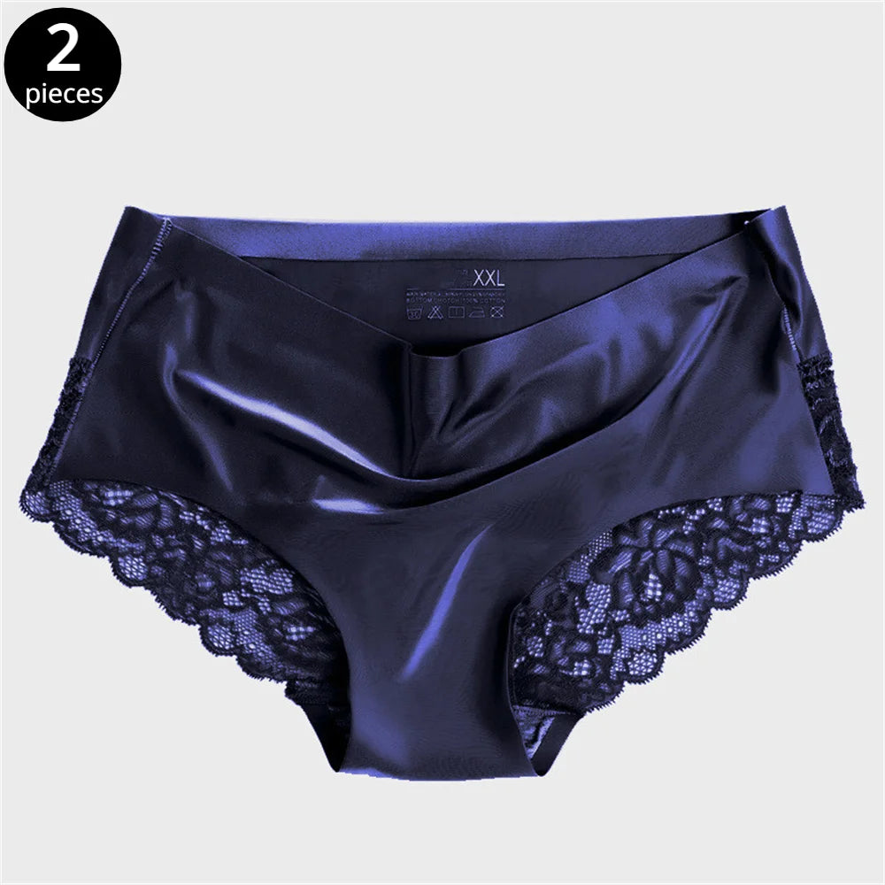 2pcs Satin Seamless Women Underwear Sexy Lace Hollow Out Briefs Thin Breathable Elastic Ladies Panties Solid Color Plus Size