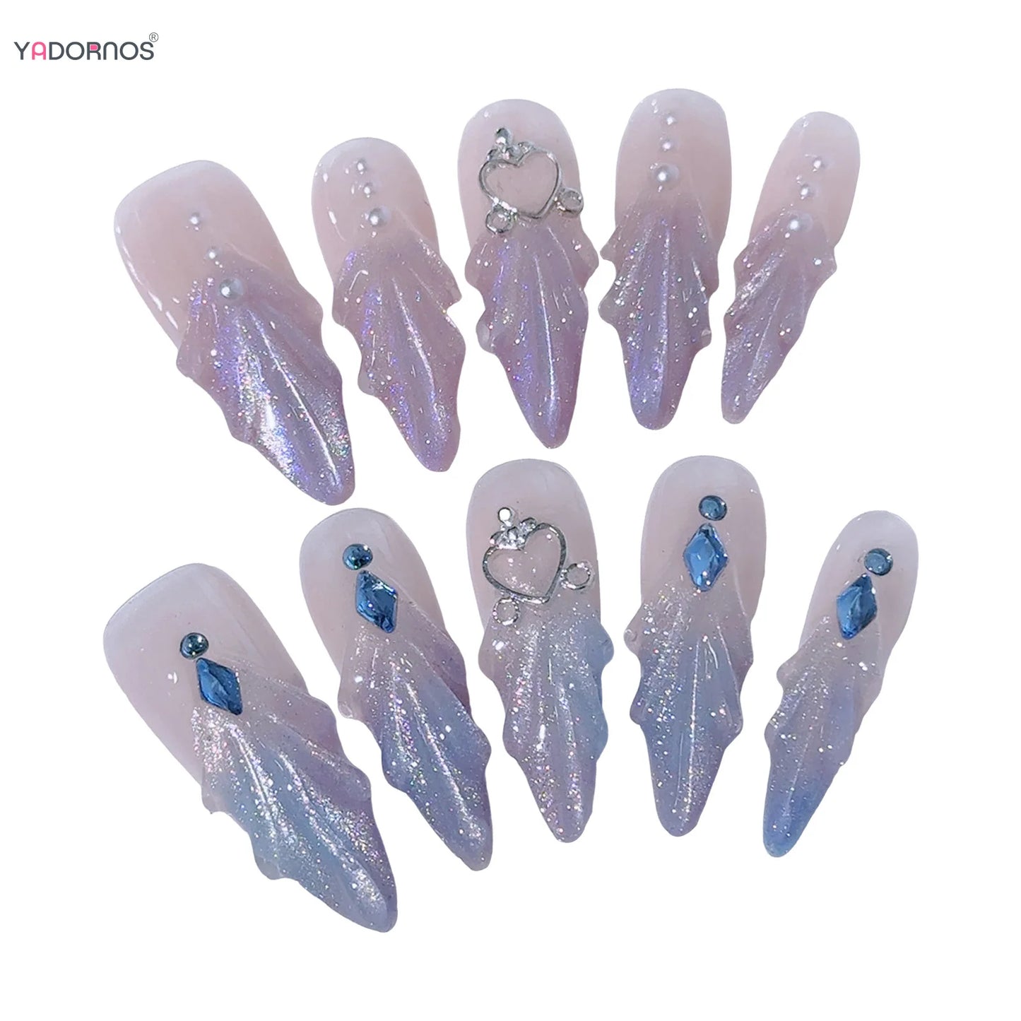 10pcs Glitter Cat's Eye False Nail Handmade Mermaid Press On Nails Wearable Long Almond Blue Purple French Style Fake Nail Tips