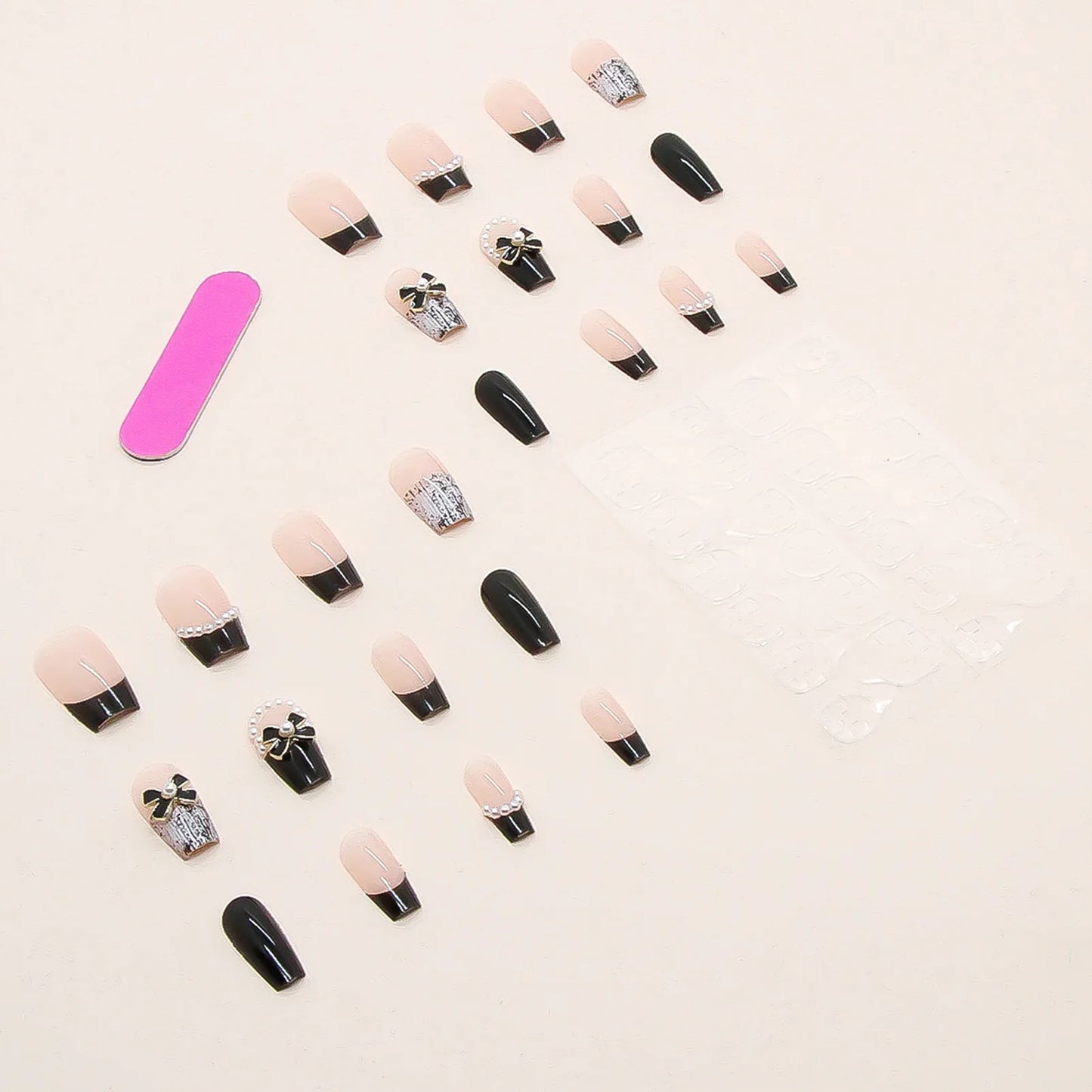 Black Bowknot Coffin Fake Nails INS Trendy Women Artificial Nails for Professional Nail Art Salon