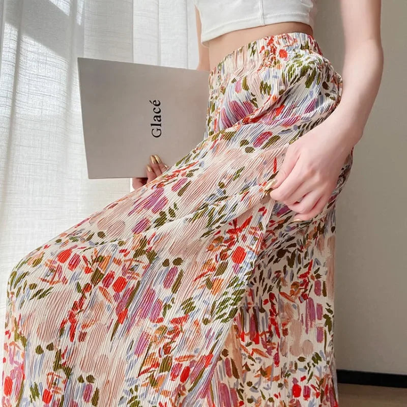 Temperament Summer Thin Print Elastic Waist Women's Pleated High Waist Fashion Loose Ice Silk Wide Leg Straight Beach Pants M52