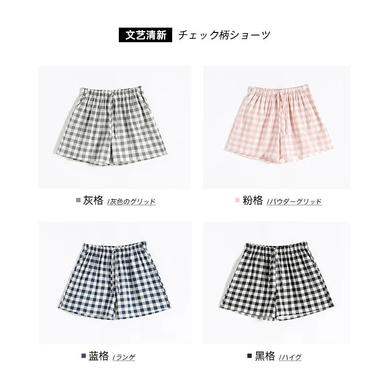 Couple Pajamas Summer Cotton Gauze Shorts Japanese Style Simple Elastic Waist Casual Large Size Lattice Men and Women Home Pants