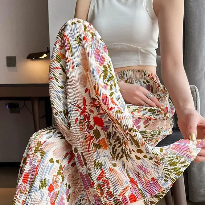 Temperament Summer Thin Print Elastic Waist Women's Pleated High Waist Fashion Loose Ice Silk Wide Leg Straight Beach Pants M52