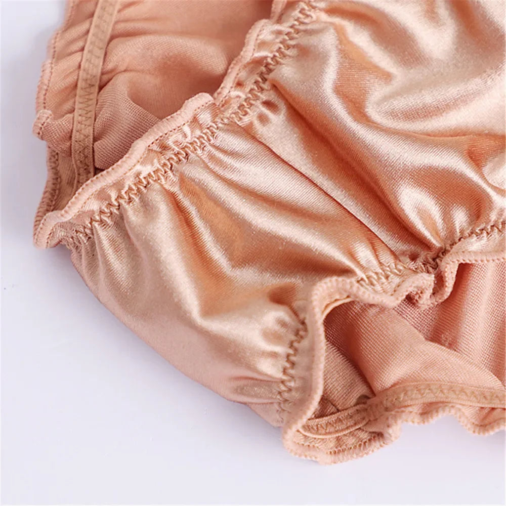 Glossy Satin Underwear Women Silk Low Waist Ruffles Sexy Briefs French Ladies Seamless Elastic Briefs