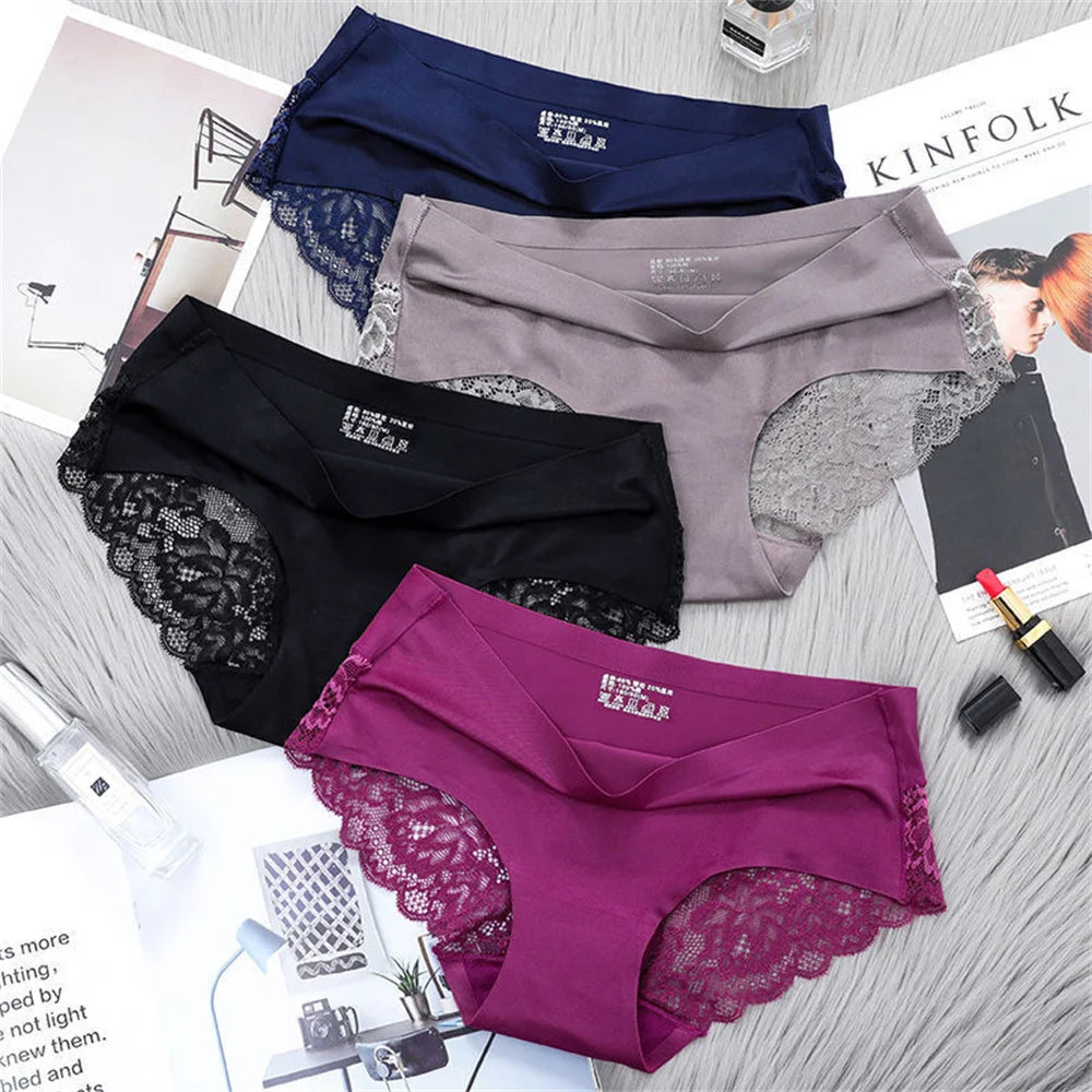 2pcs Satin Seamless Women Underwear Sexy Lace Hollow Out Briefs Thin Breathable Elastic Ladies Panties Solid Color Plus Size