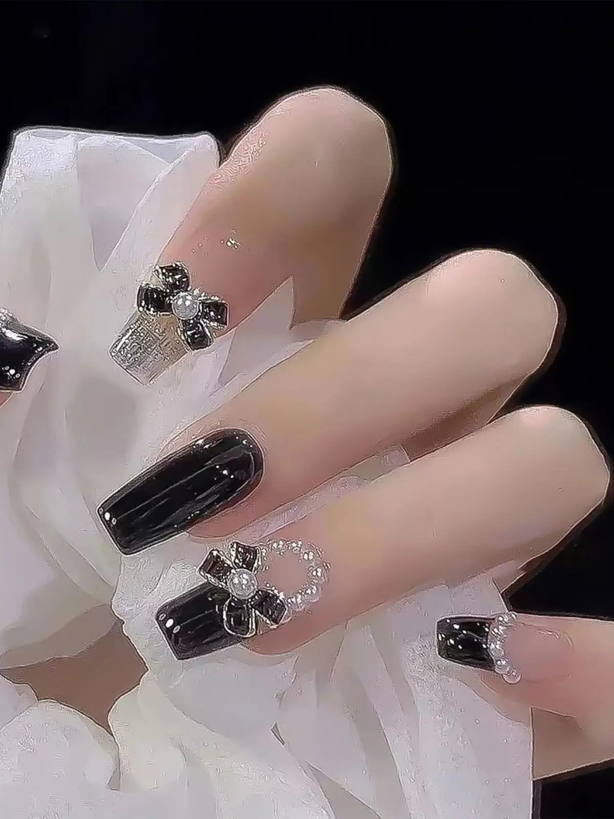 Black Bowknot Coffin Fake Nails INS Trendy Women Artificial Nails for Professional Nail Art Salon