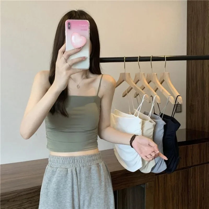 Summer Ice Silk Camisole Women's Chest Pad Anti-light Bottoming Beautiful Back Underwear Short Top Can Be Worn Outside