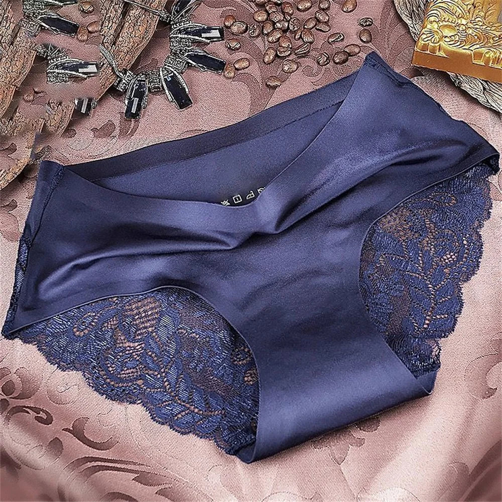 2pcs Satin Seamless Women Underwear Sexy Lace Hollow Out Briefs Thin Breathable Elastic Ladies Panties Solid Color Plus Size