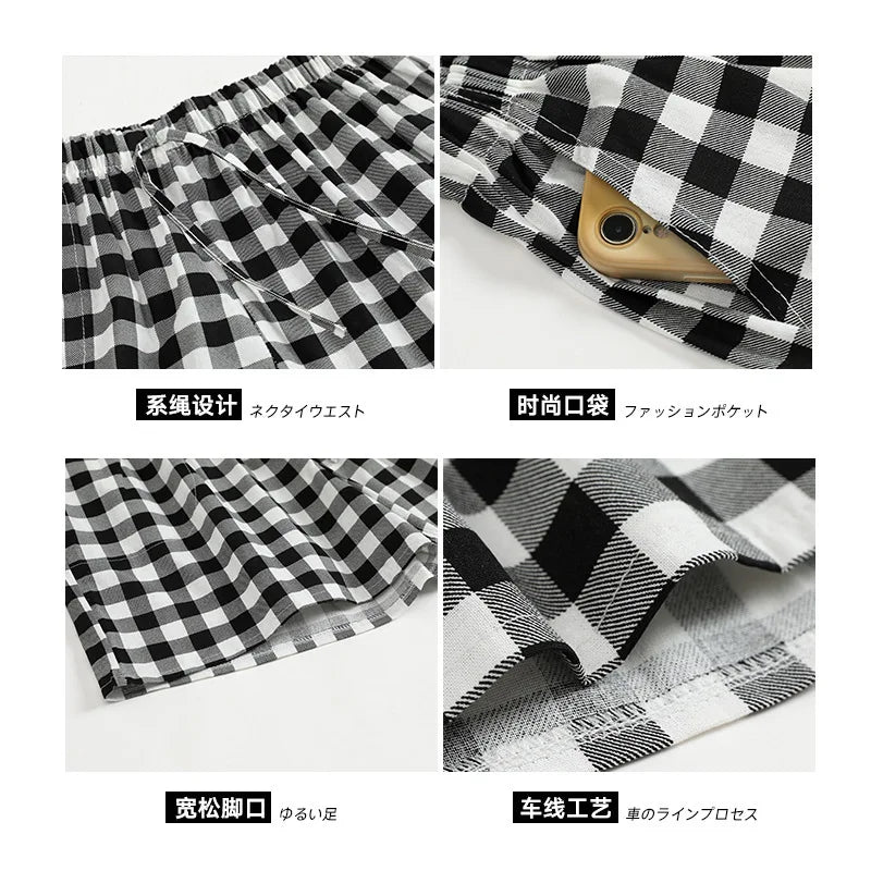 Couple Pajamas Summer Cotton Gauze Shorts Japanese Style Simple Elastic Waist Casual Large Size Lattice Men and Women Home Pants