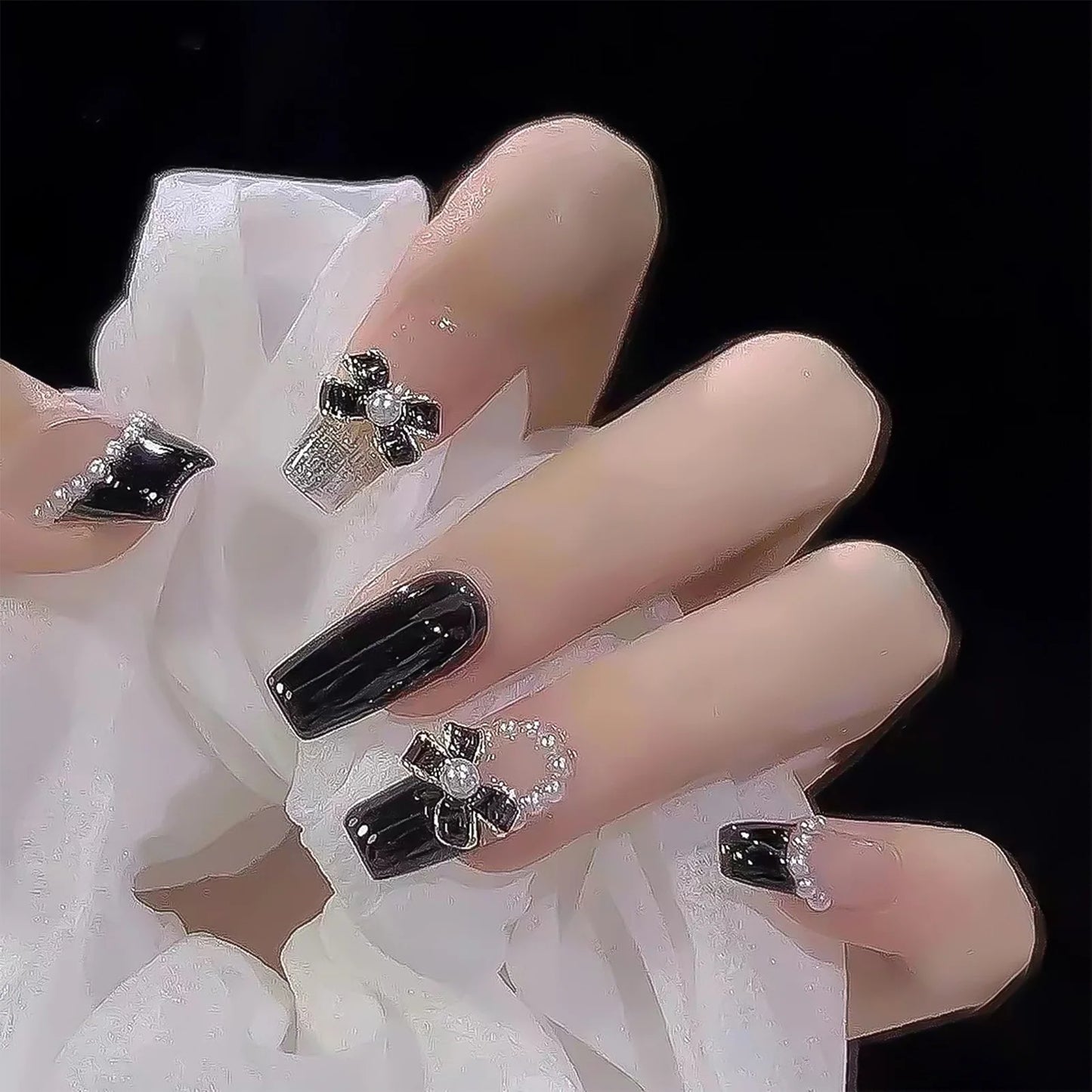 Black Bowknot Coffin Fake Nails INS Trendy Women Artificial Nails for Professional Nail Art Salon