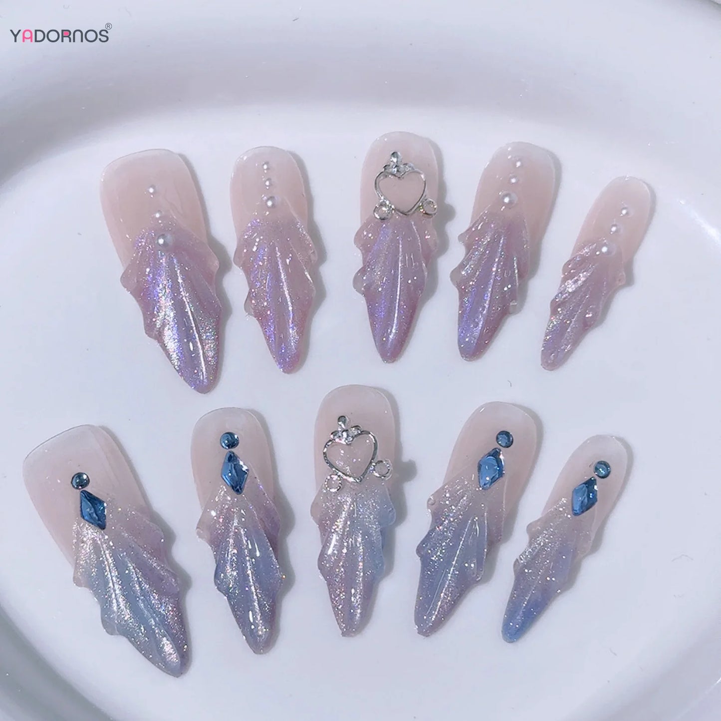 10pcs Glitter Cat's Eye False Nail Handmade Mermaid Press On Nails Wearable Long Almond Blue Purple French Style Fake Nail Tips