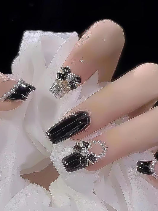 Black Bowknot Coffin Fake Nails INS Trendy Women Artificial Nails for Professional Nail Art Salon