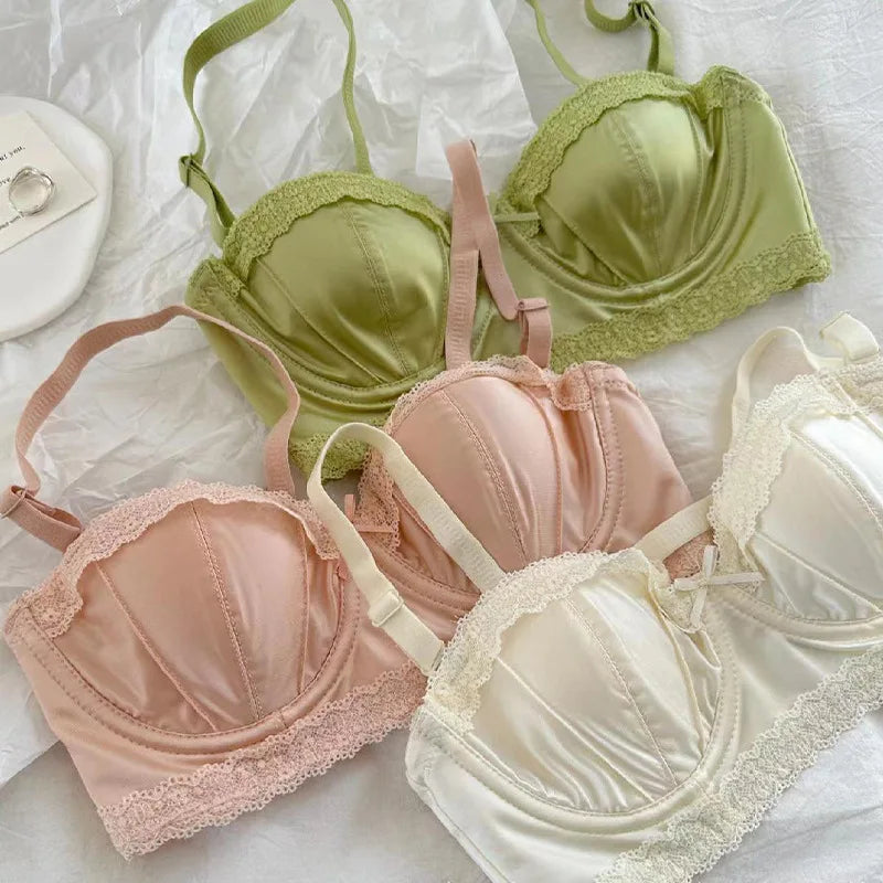 French girly underwire push-up bra Sweet lace edge half cup lingerie women's thin cup with anti-sagging bra set