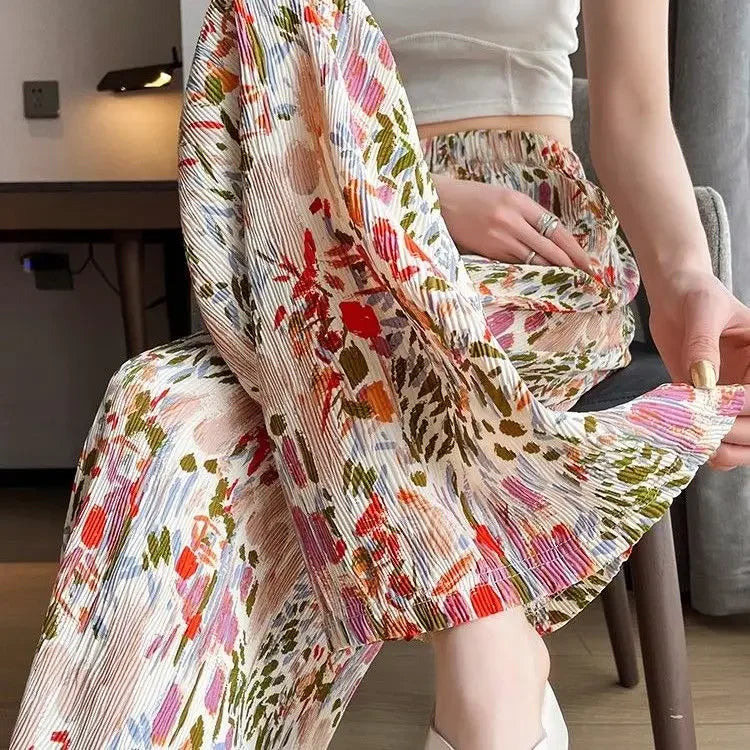 Temperament Summer Thin Print Elastic Waist Women's Pleated High Waist Fashion Loose Ice Silk Wide Leg Straight Beach Pants M52