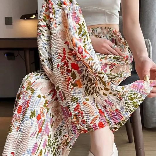 Temperament Summer Thin Print Elastic Waist Women's Pleated High Waist Fashion Loose Ice Silk Wide Leg Straight Beach Pants M52