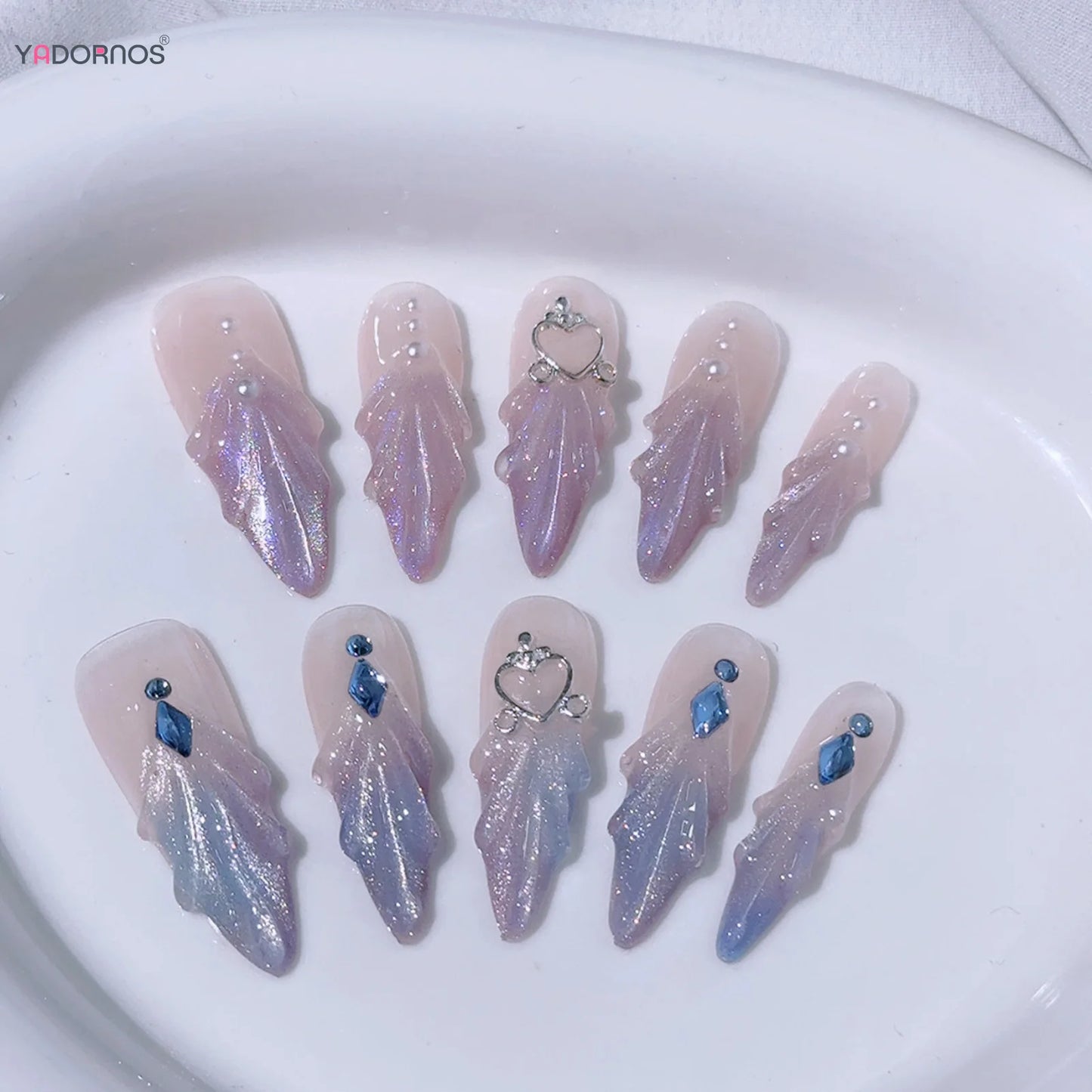 10pcs Glitter Cat's Eye False Nail Handmade Mermaid Press On Nails Wearable Long Almond Blue Purple French Style Fake Nail Tips