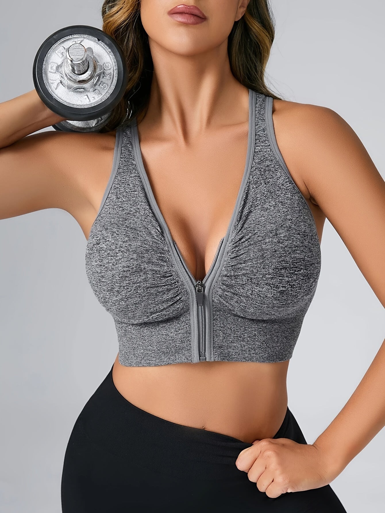 Women's Seamless Sports Bra With Zipper Front, Wide Shoulder Straps, Padded, Wire-Free, Comfort Fit, Racerback, Gym Fitness Yoga Bra Top