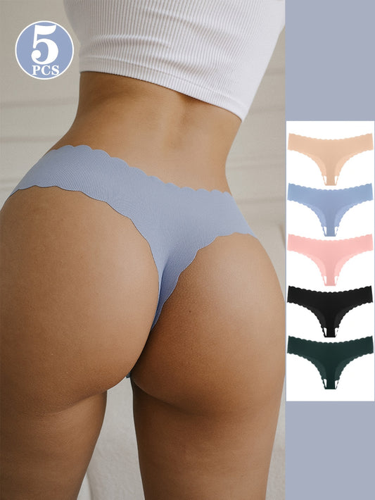 5-Pack Women's Solid Color Thin Seamless Yoga Sports Thong Panties with Scallop Edge, Low-Waist Knit Underwear, Cotton Lining, Assorted Colors