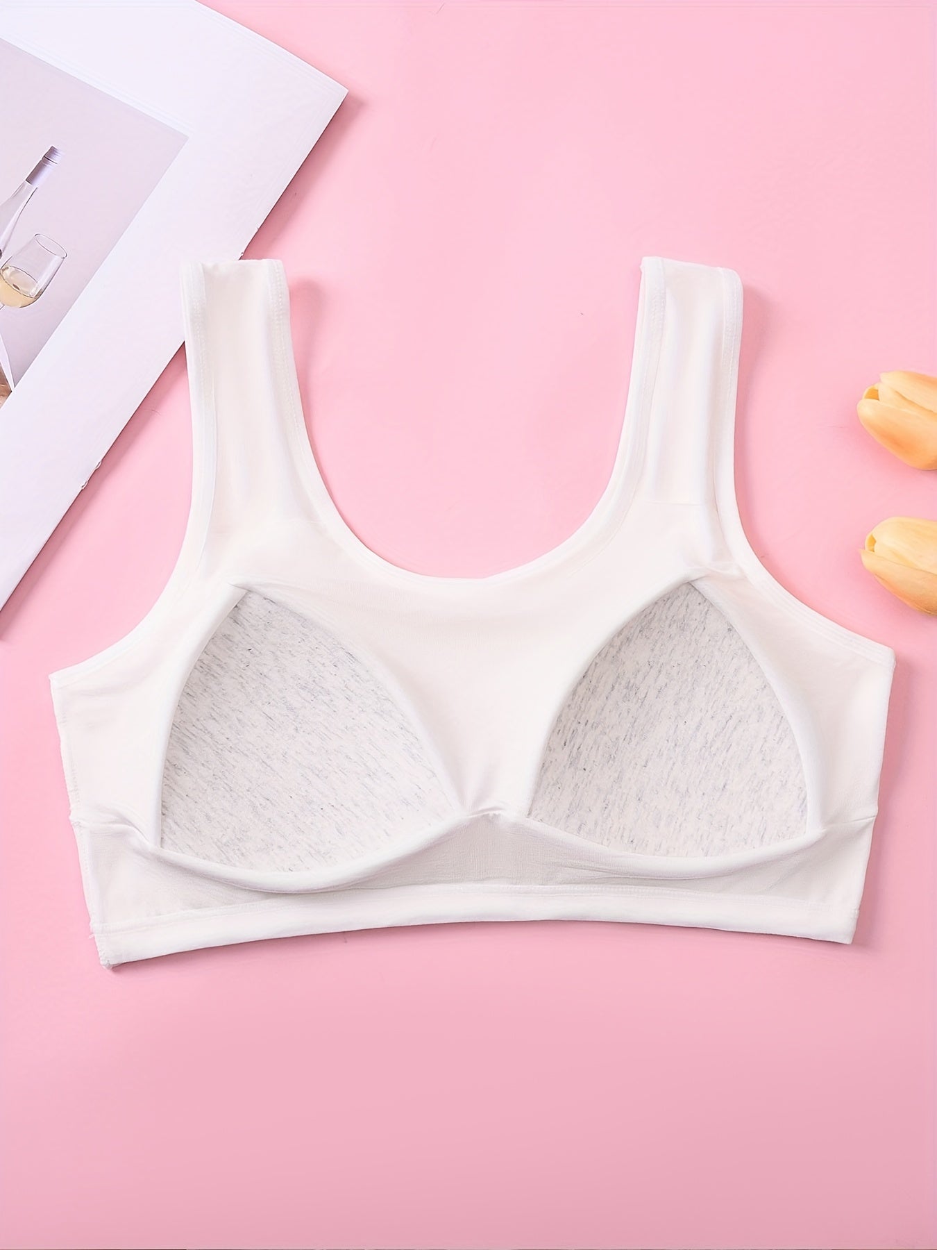 4-piece girls' underwear, 9-15 years old, solid color basic fixed cup, comfortable and breathable, without steel ring wide shoulder strap