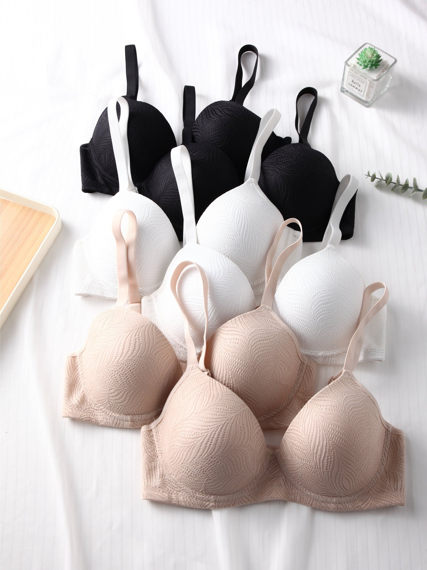 6pcs Solid Jacquard Underwire Adjustable Bra, Sexy Comfy Push Up Breathable Bra, Women's Lingerie & Underwear