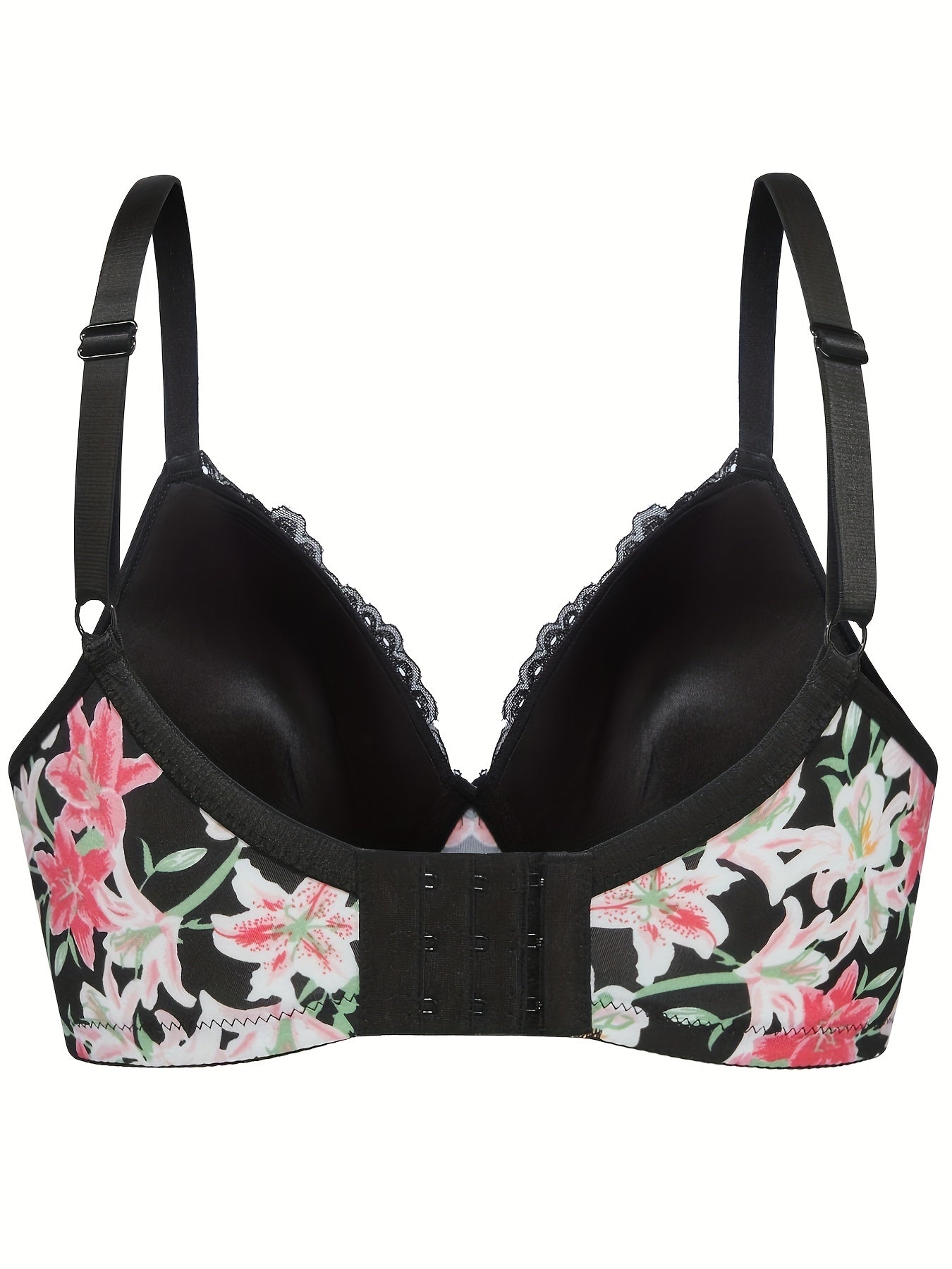 Plus Size Sexy Bra, Women's Plus Floral Print Contrast Lace Trim Underwire Molded Cup Bra